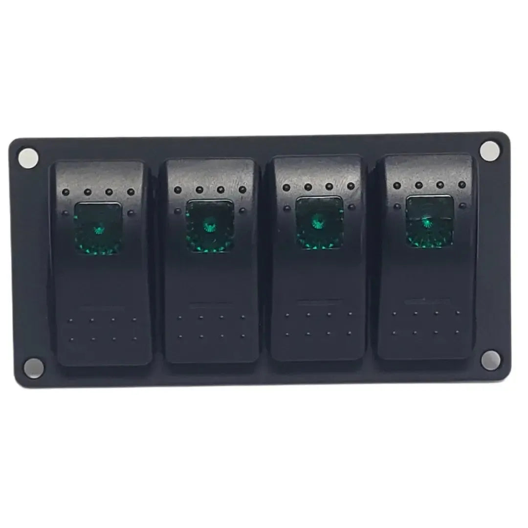Black aluminum mini switch panel with four green lighted rocker switches for boats.