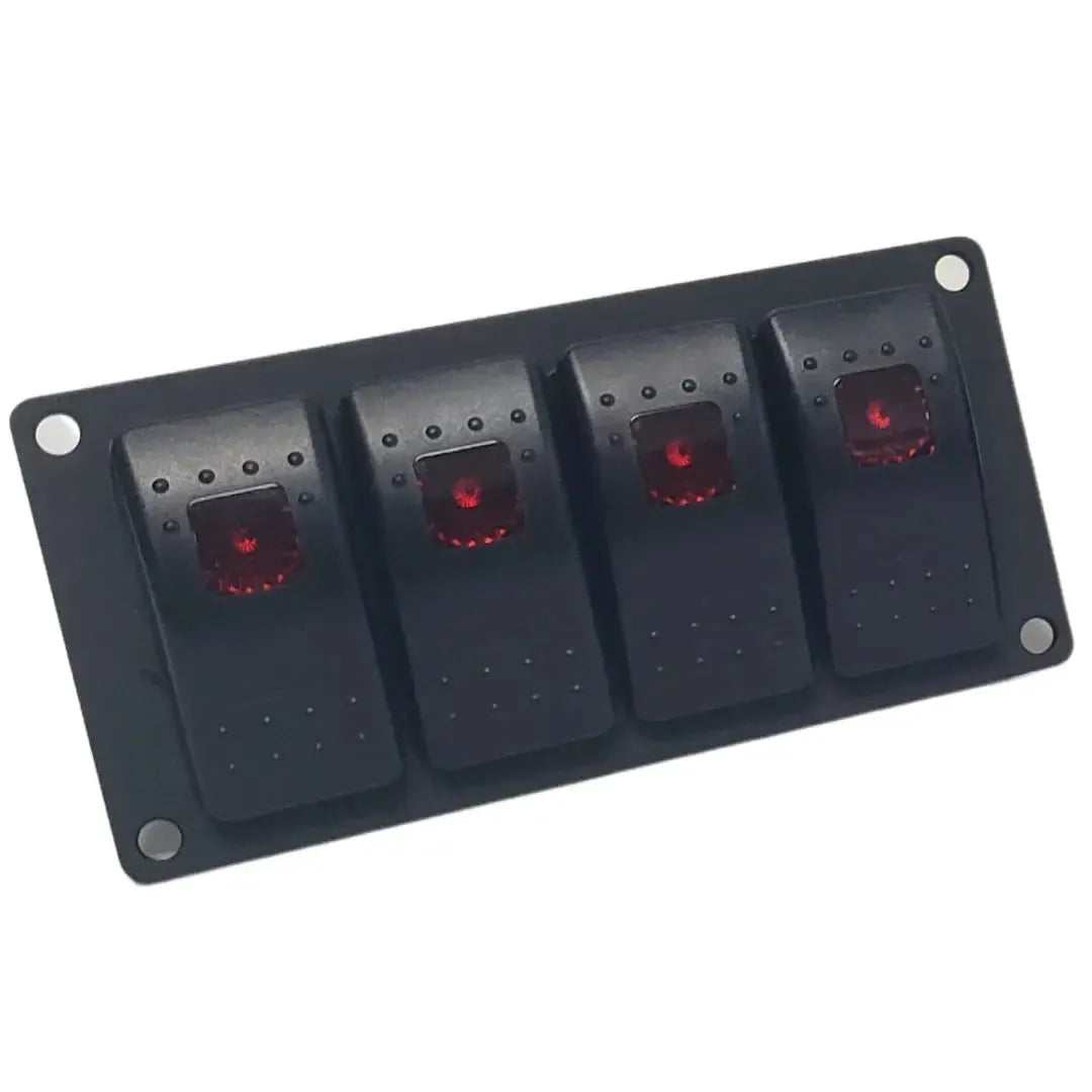 Black aluminum mini switch panel with four red lighted rocker switches.