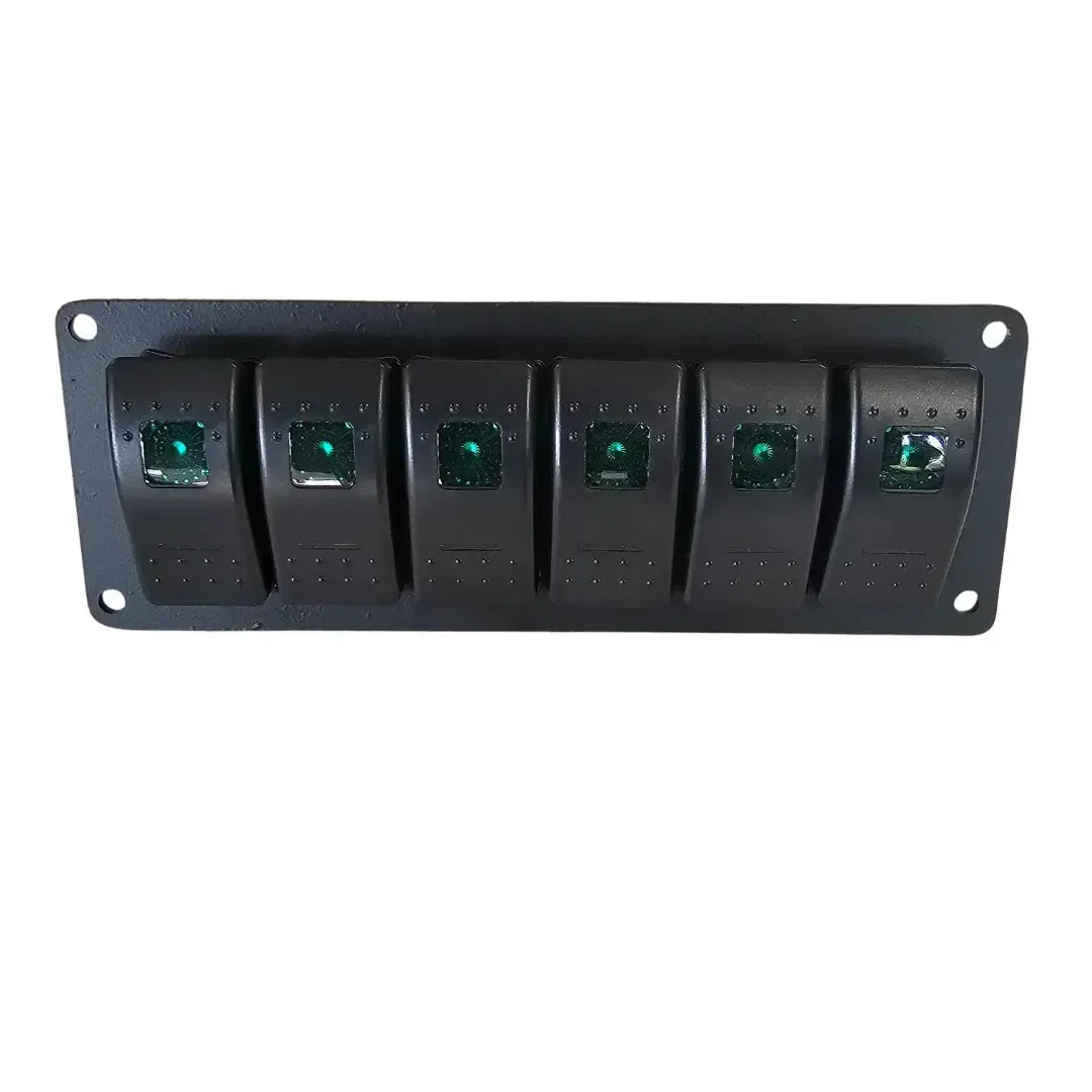 Black solid aluminum mini switch panel with six green lighted rocker switches.