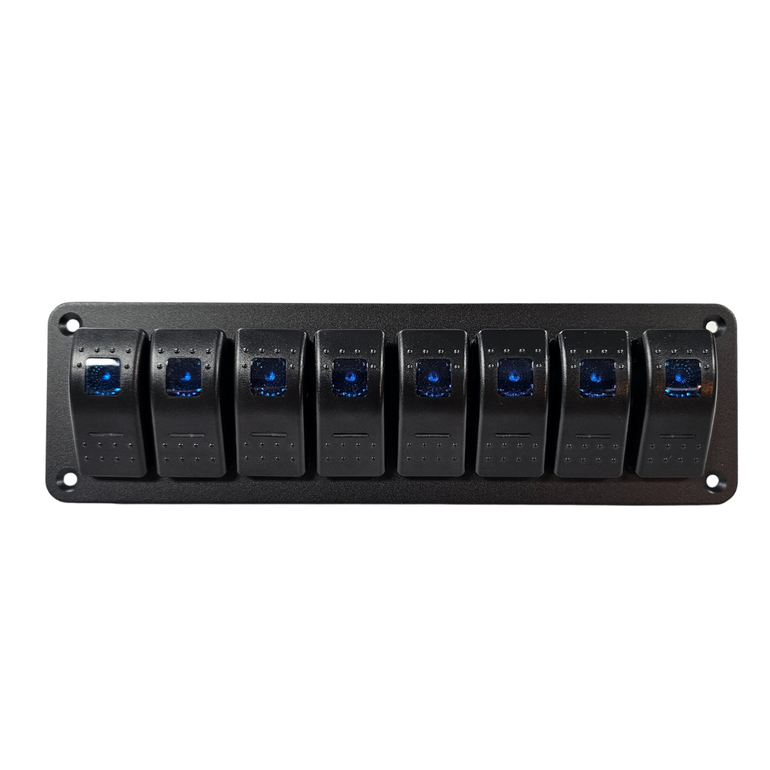 Black aluminum 8-switch panel with blue lighted rocker switches for boats.