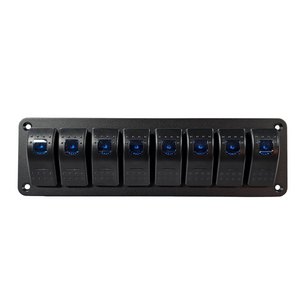 Black aluminum 8-switch panel with blue lighted rocker switches for boats.