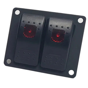 Black aluminum mini switch panel with two red lighted rocker switches.