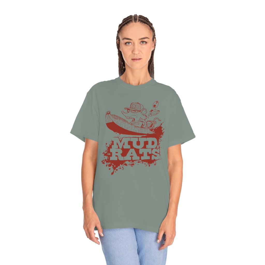 Woman wearing a relaxed-fit, garment-dyed gray Mud Rats t-shirt with a red boat graphic.