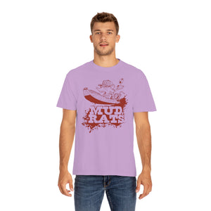 Man wearing a relaxed-fit, lavender Gildan Mud Rats t-shirt with a red rat in a boat graphic.