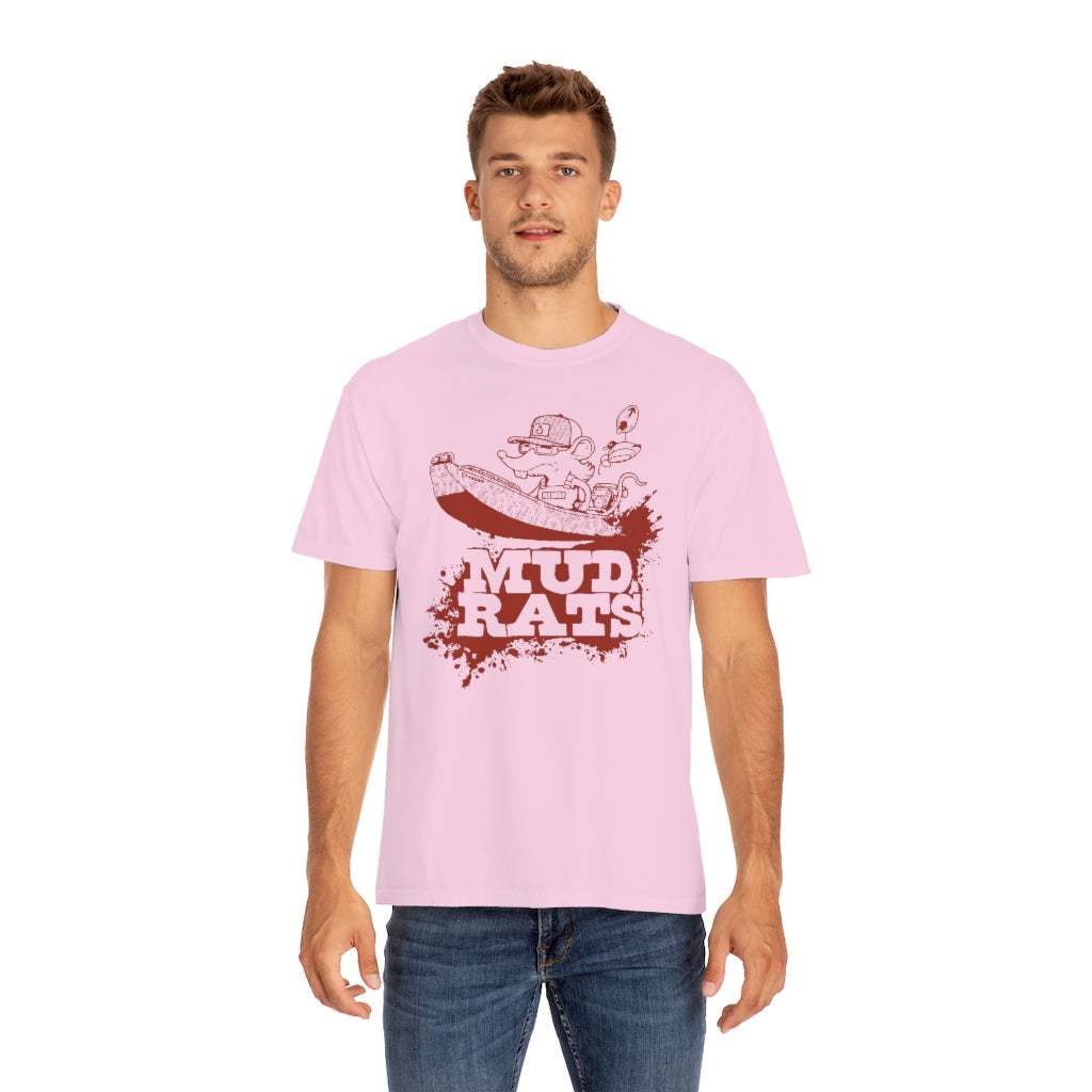 Man wearing a light pink Gildan Mud Rats t-shirt with a brown rat in a boat graphic.