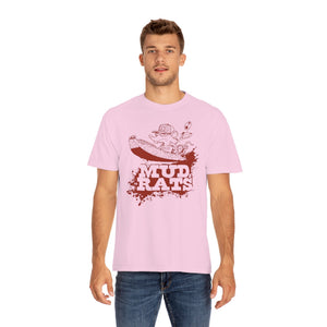 Man wearing a light pink Gildan Mud Rats t-shirt with a brown rat in a boat graphic.