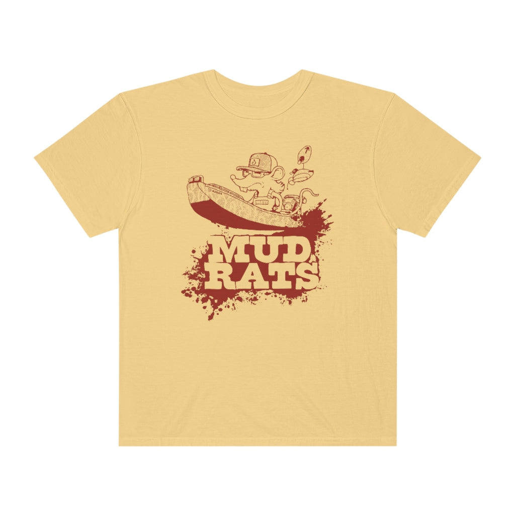 Relaxed fit, garment-dyed yellow Mud Rats t-shirt with a red cartoon rat in an inflatable boat.