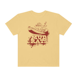 Relaxed fit, garment-dyed yellow Mud Rats t-shirt with a red cartoon rat in an inflatable boat.