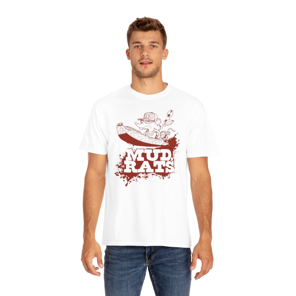 White Gildan Mud Rats t-shirt with a red graphic of a rat in a boat and "MUD RATS" text.