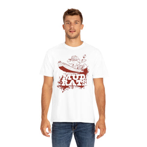 White Gildan Mud Rats t-shirt with a red graphic of a rat in a boat and "MUD RATS" text.