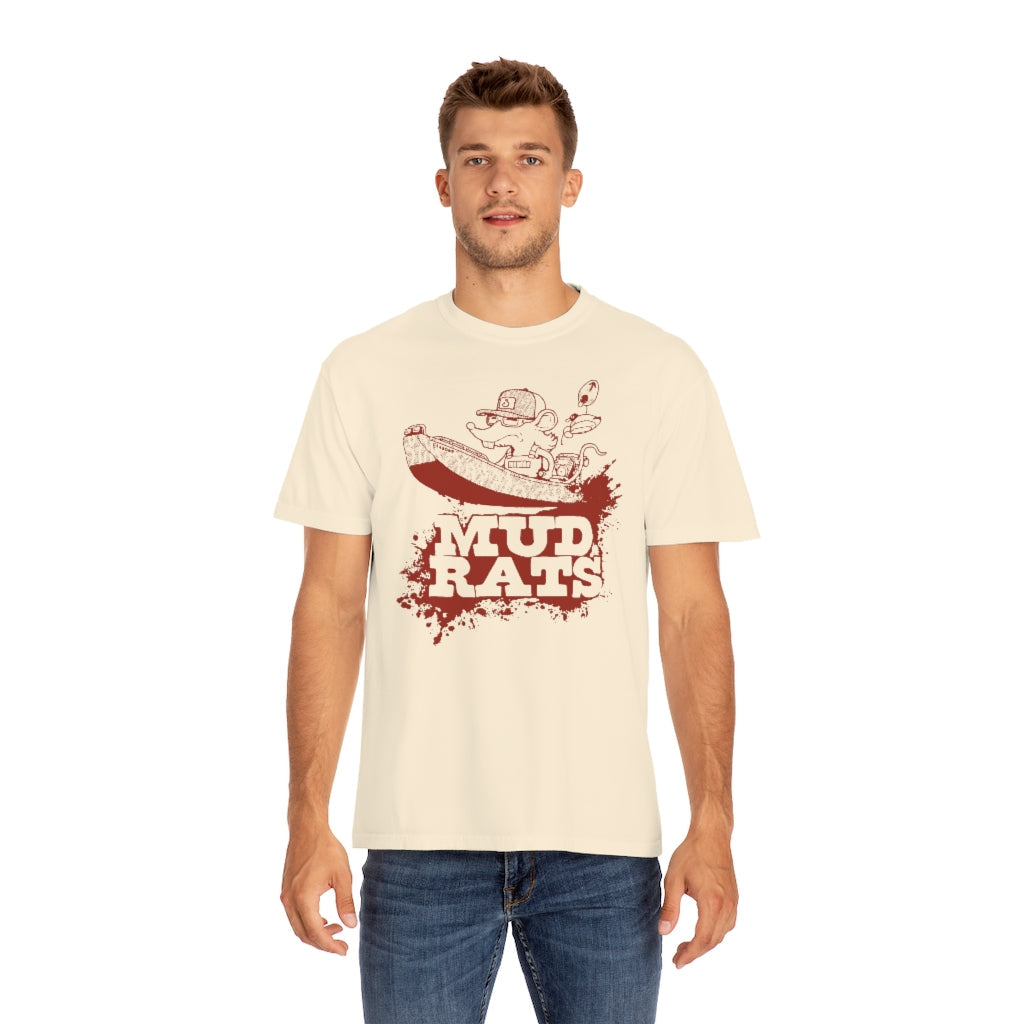 Man wearing a cream Gildan Mud Rats T-shirt with a red rat in a boat graphic.