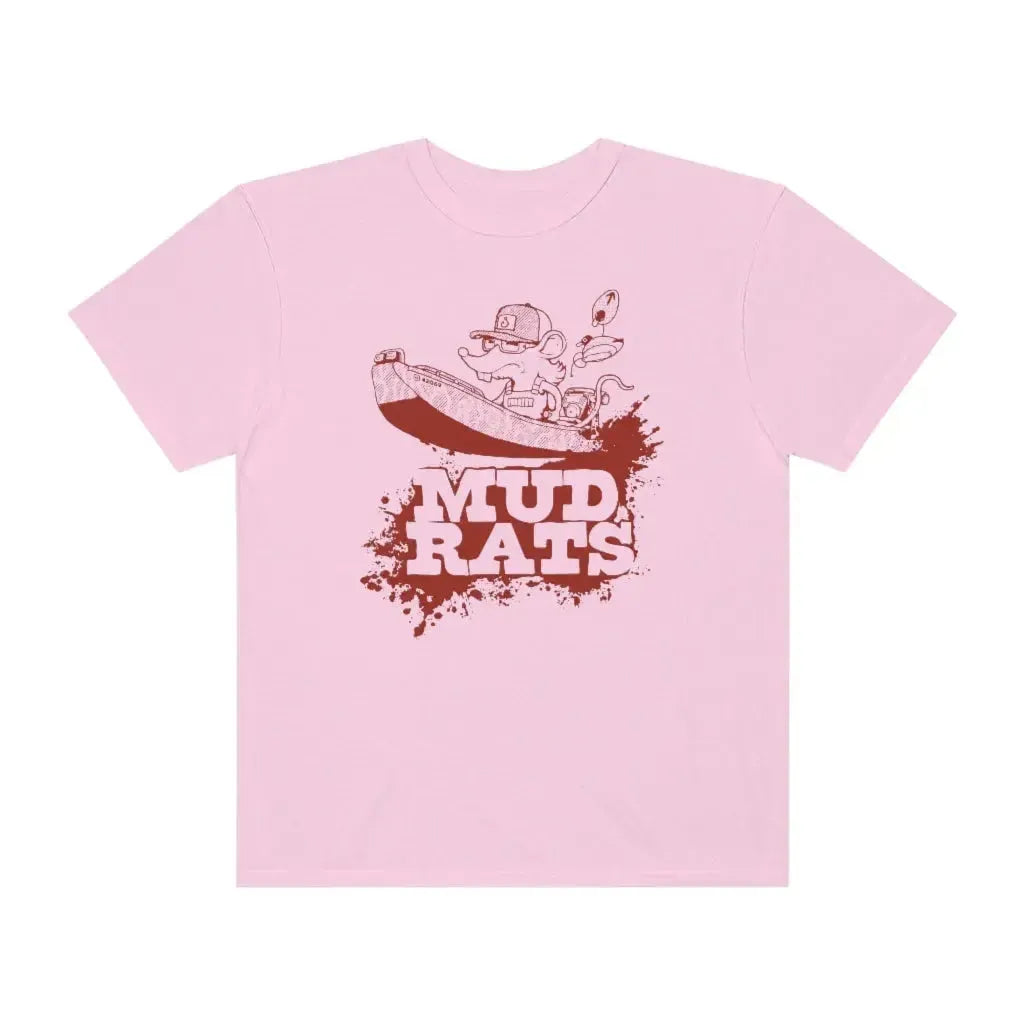 Pink Gildan Mud Rats t-shirt with a brown graphic of two rats in a boat over a mud splash.