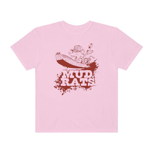 Pink Gildan Mud Rats t-shirt with a brown graphic of two rats in a boat over a mud splash.