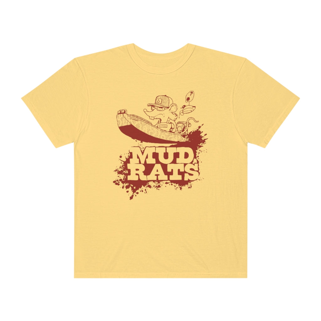 Yellow Gildan Mud Rats t-shirt with a cartoon mouse in a boat and red splash design.