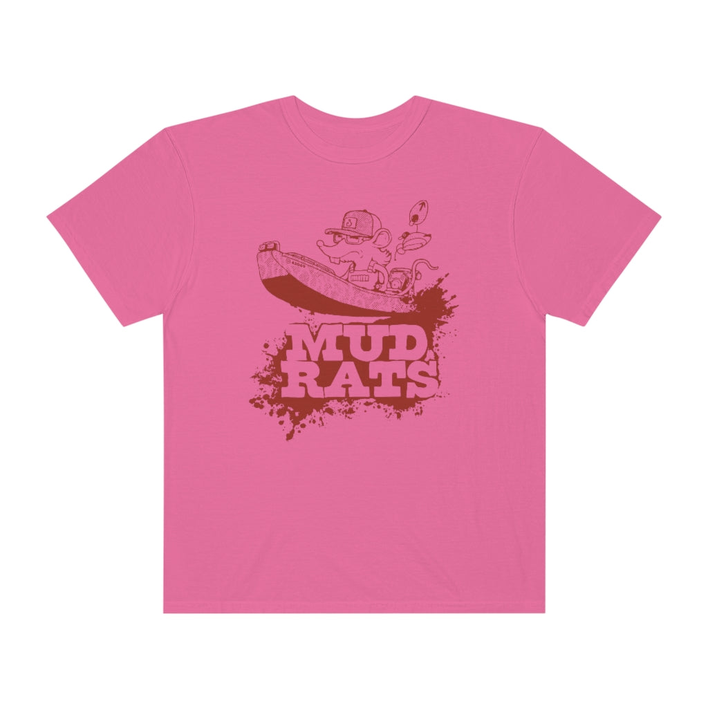 Pink Gildan Mud Rats T-shirt with a brown graphic of a rat in a boat and "MUD RATS" text.