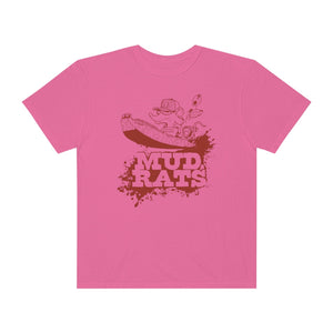 Pink Gildan Mud Rats T-shirt with a brown graphic of a rat in a boat and "MUD RATS" text.