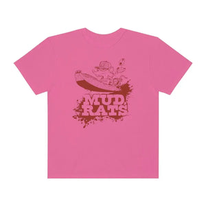 Pink Gildan Mud Rats T-shirt with a brown graphic of a rat in a boat and "MUD RATS" text.