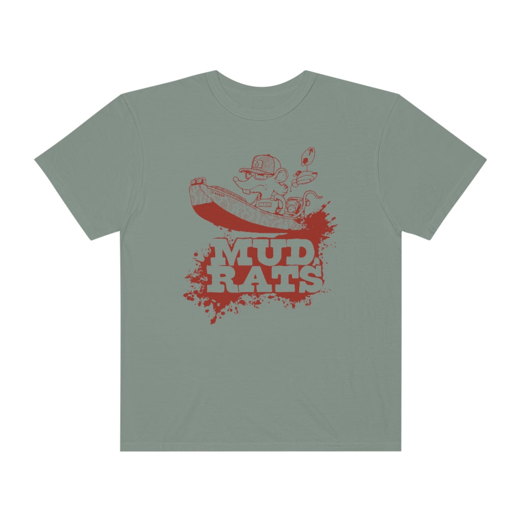 Relaxed fit, garment-dyed sage green t-shirt with a red "Mud Rats" graphic featuring a rat in a boat.