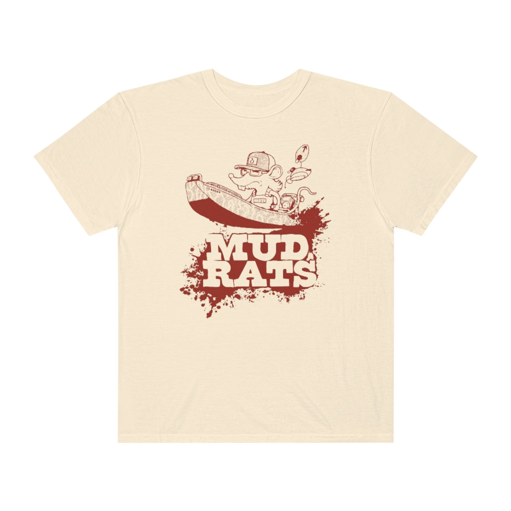 Relaxed fit, garment-dyed cream t-shirt with a red "Mud Rats" graphic featuring a mouse in a boat.