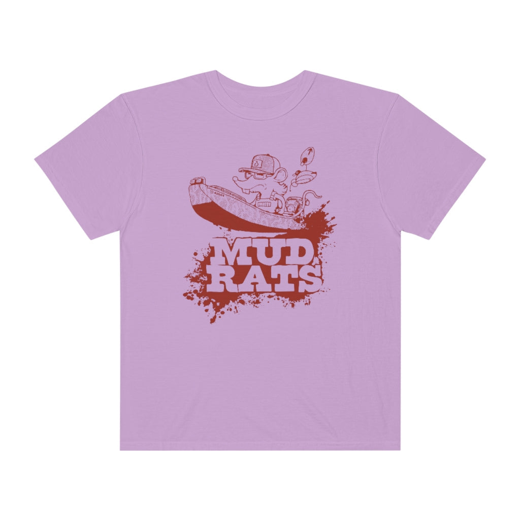 Light purple Gildan Mud Rats t-shirt with a brown graphic of a rat in a boat on a mud splash.