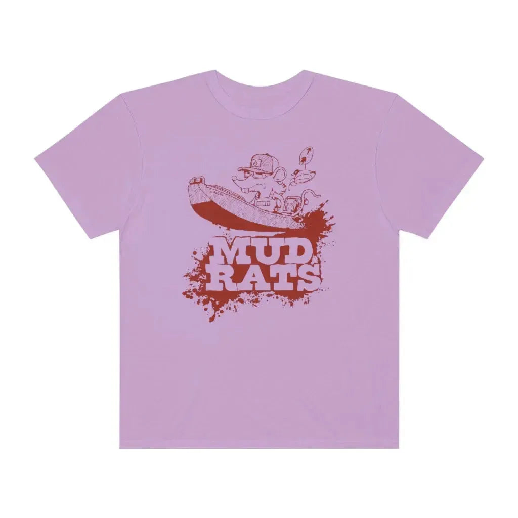 Light purple Gildan Mud Rats t-shirt with a brown graphic of a rat in a boat on a mud splash.