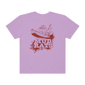 Light purple Gildan Mud Rats t-shirt with a brown graphic of a rat in a boat on a mud splash.