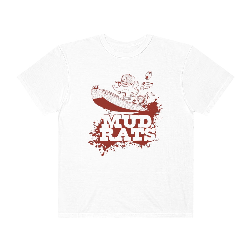 White Gildan Mud Rats t-shirt with a red graphic of a rat in a boat and "MUD RATS" text.