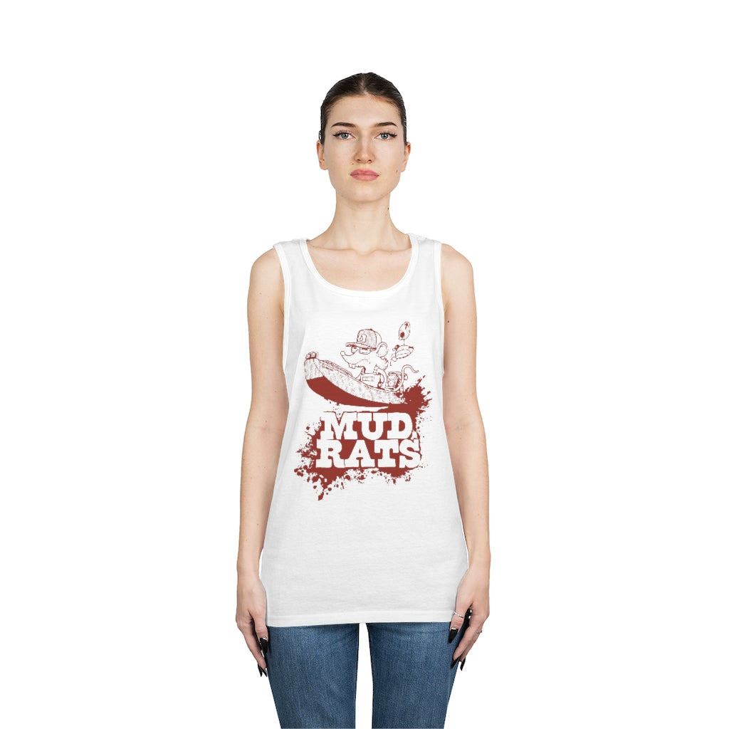 Unisex white cotton Mud Rats tank top with red graphic, classic fit, banded neck and armholes.