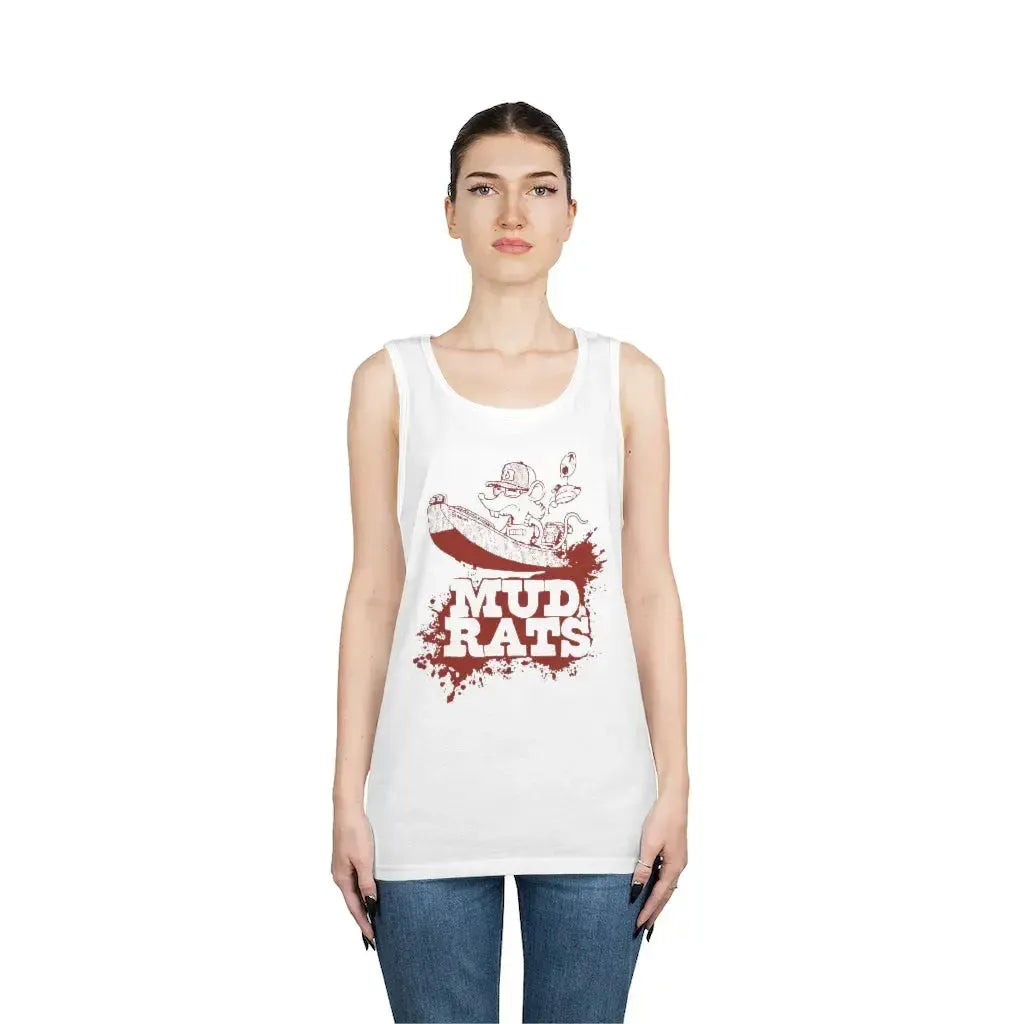 Unisex white cotton Mud Rats tank top with red graphic, classic fit, banded neck and armholes.