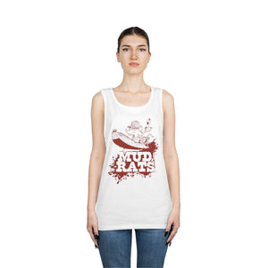 Unisex white cotton Mud Rats tank top with red graphic, classic fit, banded neck and armholes.