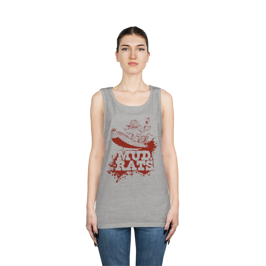 Unisex Sport Grey cotton tank top with "Mud Rats" graphic in red.