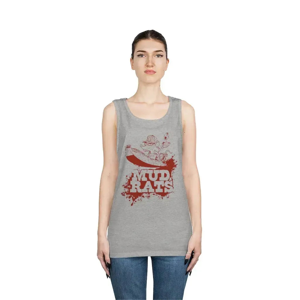 Unisex Sport Grey cotton tank top with "Mud Rats" graphic in red.