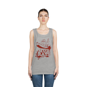 Unisex Sport Grey cotton tank top with "Mud Rats" graphic in red.