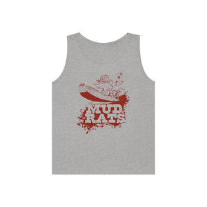Unisex Sport Grey cotton tank top with red "Mud Rats" graphic and cartoon rat in a boat.