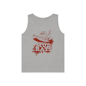 Unisex Sport Grey cotton tank top with red "Mud Rats" graphic and cartoon rat in a boat.