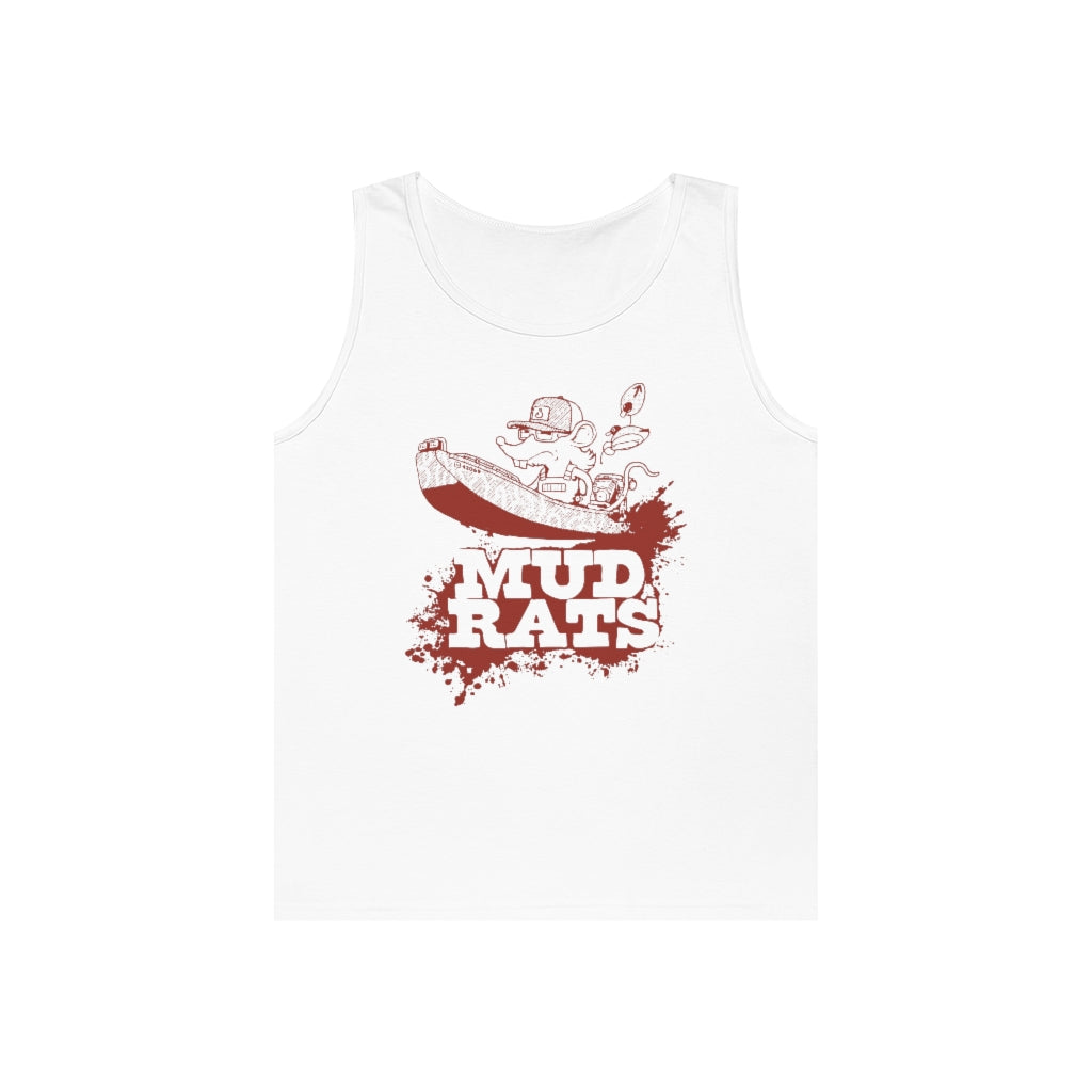 White cotton tank top with "Mud Rats" graphic featuring a rat in a boat.