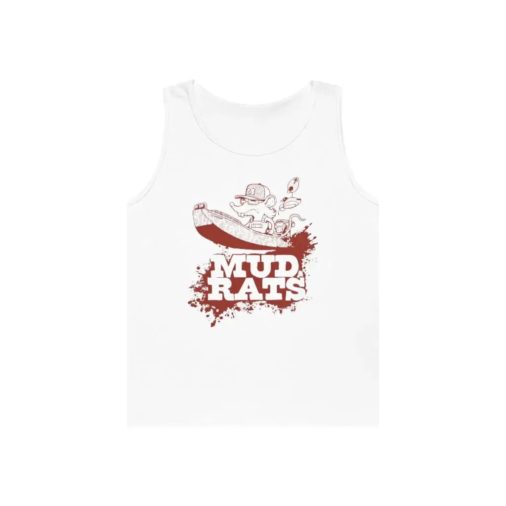 White cotton tank top with "Mud Rats" graphic featuring a rat in a boat.