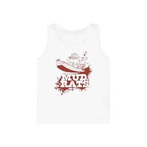 White cotton tank top with "Mud Rats" graphic featuring a rat in a boat.