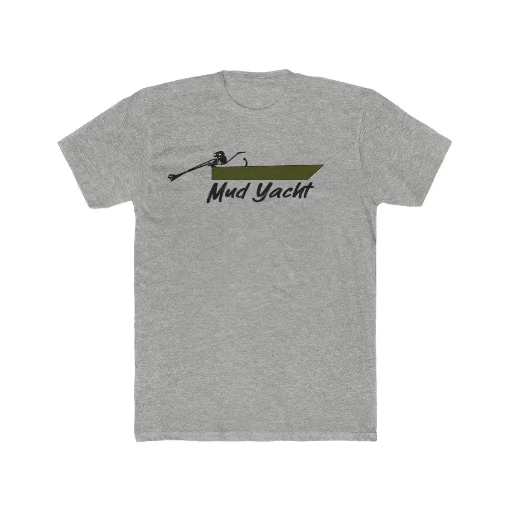 Gray premium fit t-shirt with a green "Mud Yacht" boat graphic and outboard motor.
