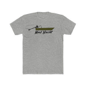 Gray premium fit t-shirt with a green "Mud Yacht" boat graphic and outboard motor.