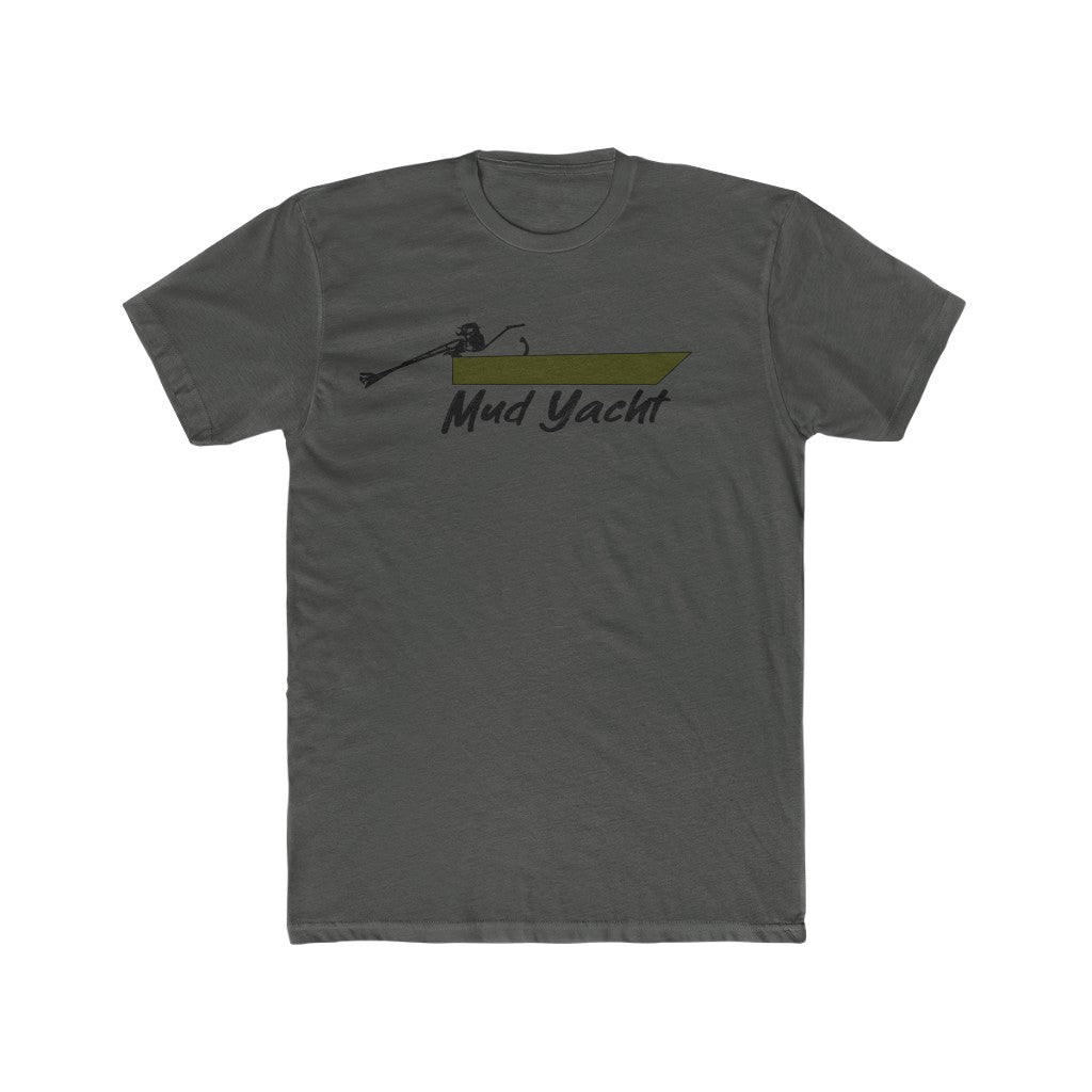 Charcoal gray premium fitted short sleeve t-shirt with a green "Mud Yacht" boat graphic.