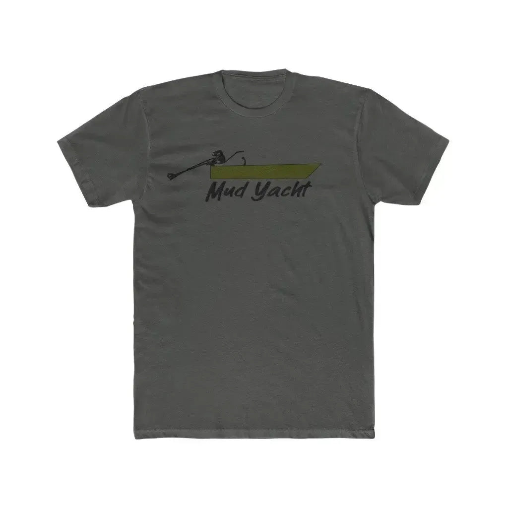 Charcoal gray premium fitted short sleeve t-shirt with a green "Mud Yacht" boat graphic.