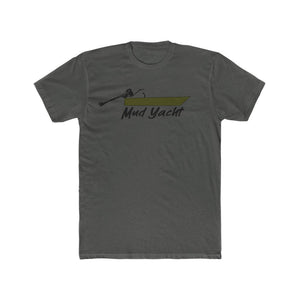Charcoal gray premium fitted short sleeve t-shirt with a green "Mud Yacht" boat graphic.