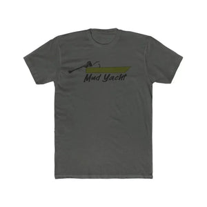Charcoal gray premium fitted short sleeve t-shirt with a green "Mud Yacht" boat graphic.