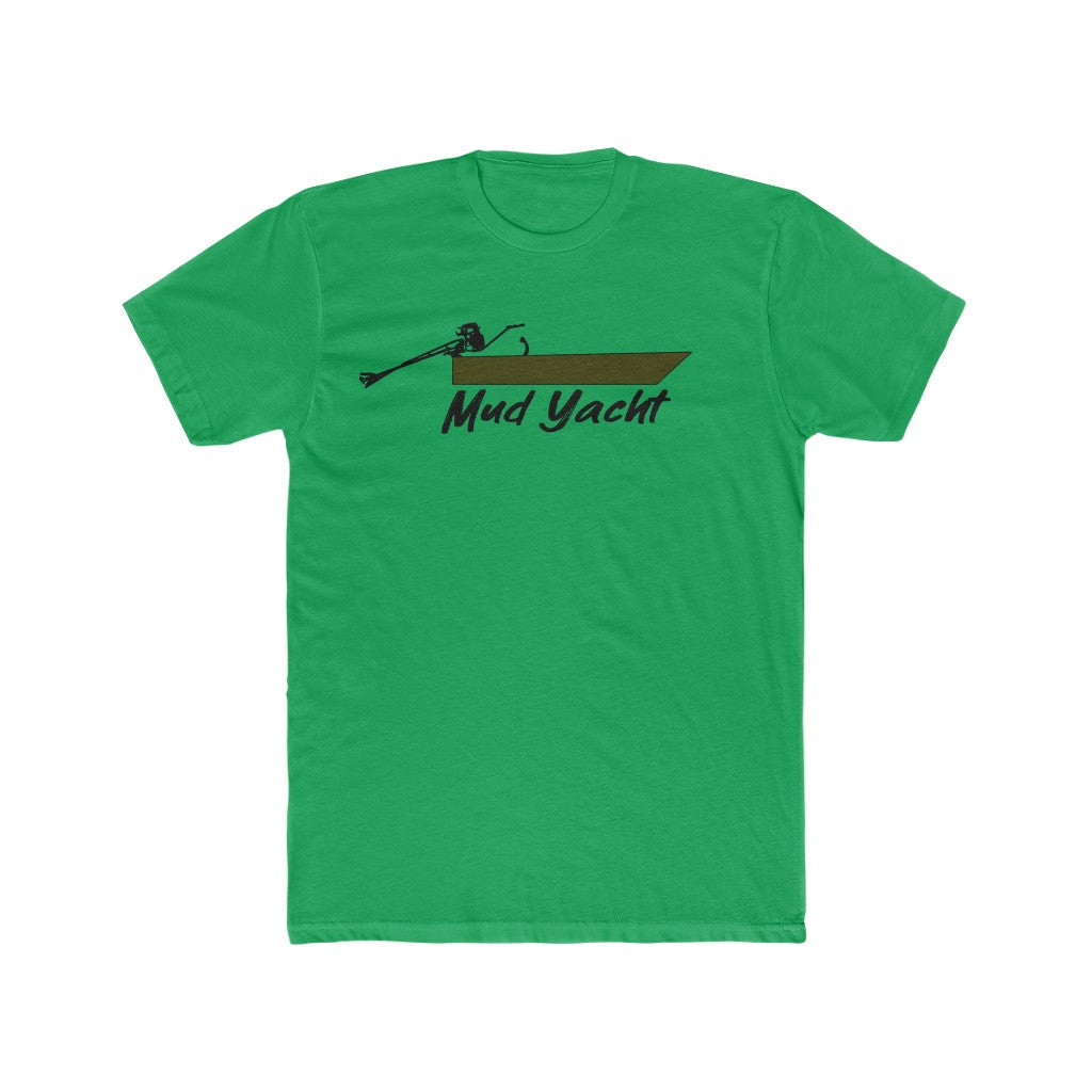 Green premium fit t-shirt with a brown boat and "Mud Yacht" graphic.