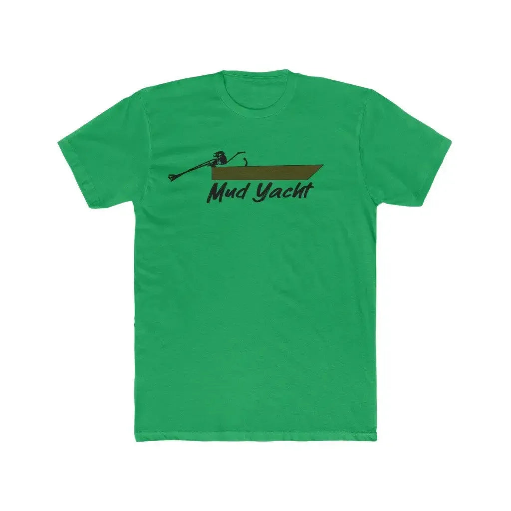 Green premium fit t-shirt with a brown boat and "Mud Yacht" graphic.