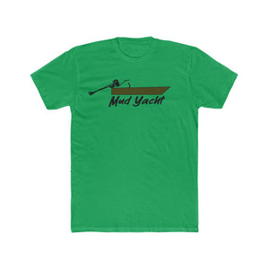 Green premium fit t-shirt with a brown boat and "Mud Yacht" graphic.