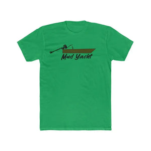 Green premium fit t-shirt with a brown boat and "Mud Yacht" graphic.