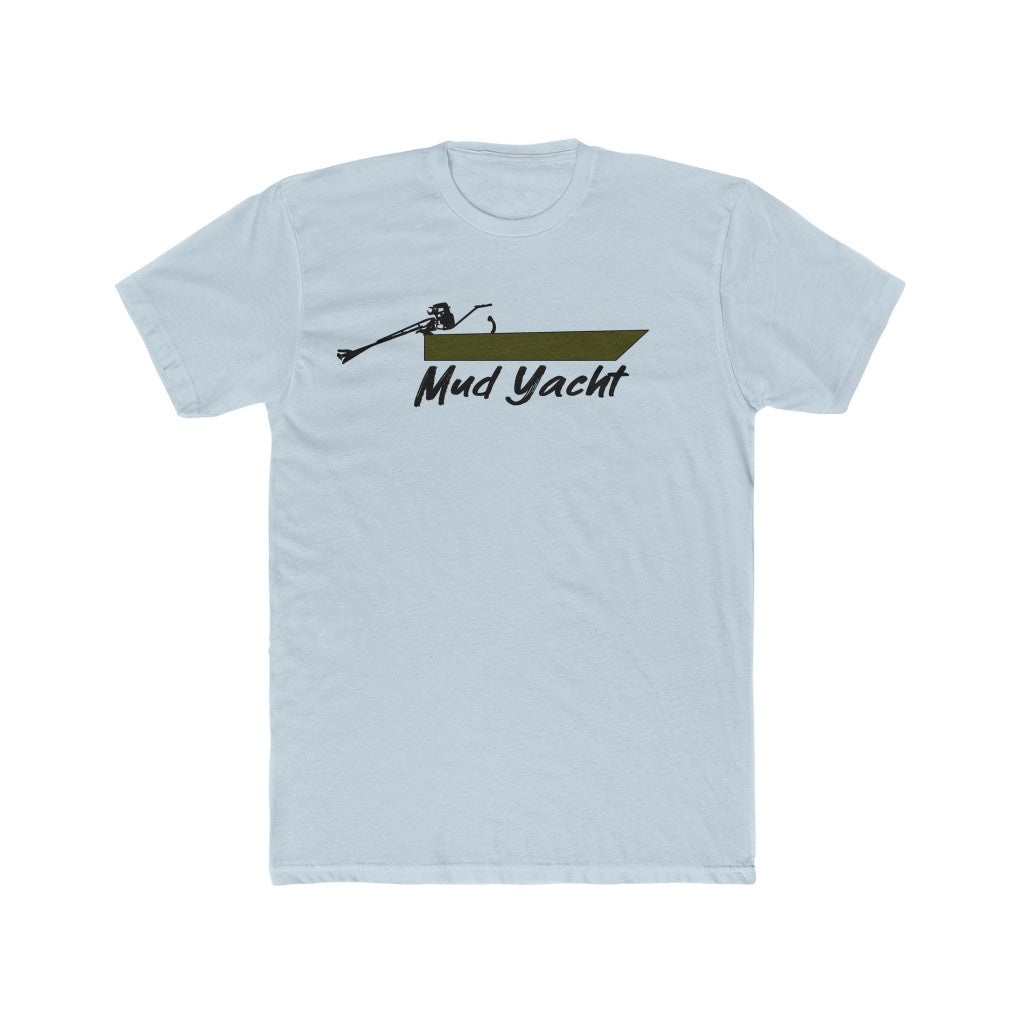 Light blue premium fit t-shirt with a dark green Mud Yacht boat graphic and outboard motor.