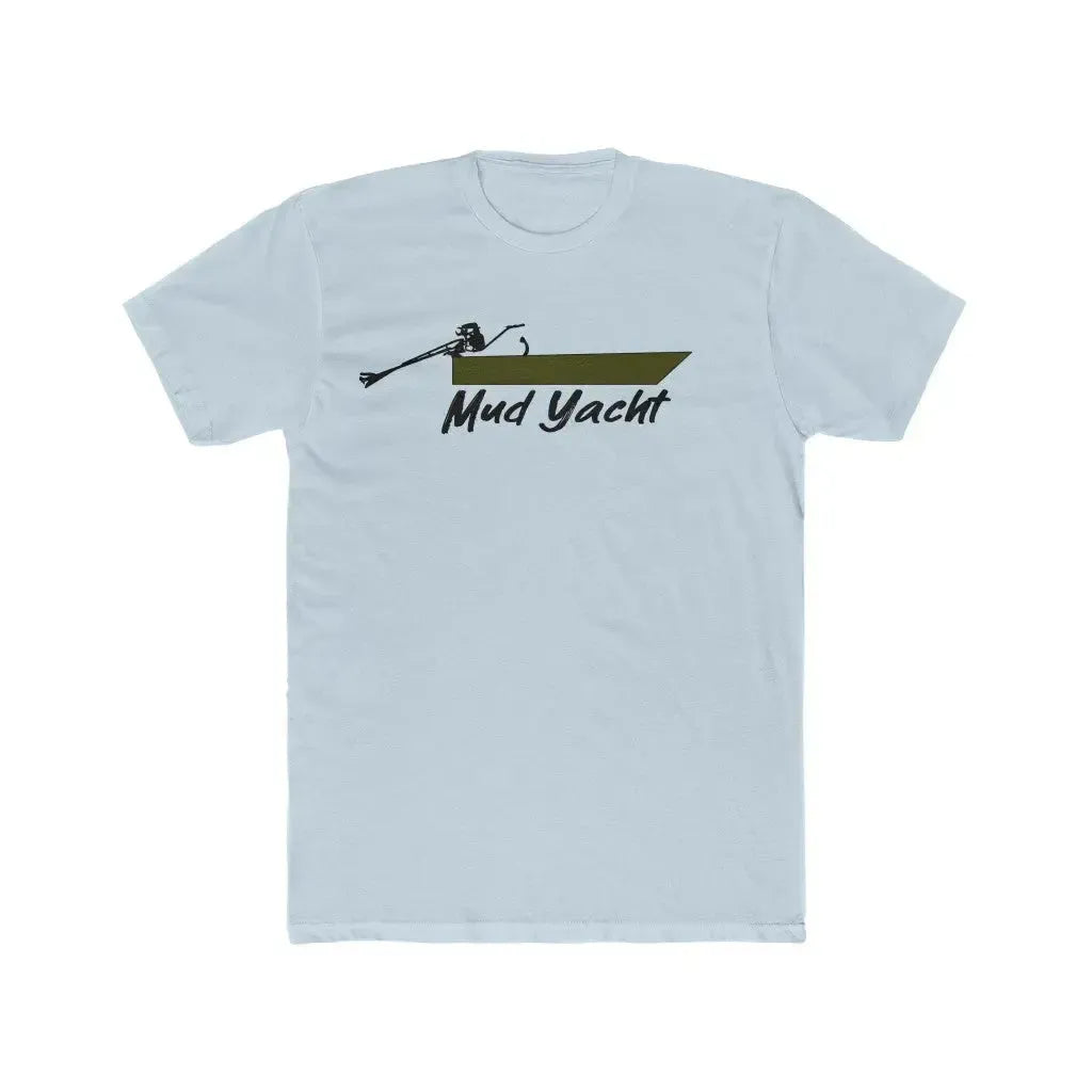 Light blue premium fit t-shirt with a dark green Mud Yacht boat graphic and outboard motor.